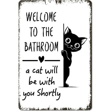 Panneau Chat Bienvenue aux Toilettes Plaque Murale en Métal Rectangulaire Drôle Style Rétro Enseigne en Tôle avec Trous Pré-Perforés pour Décoration Murale Maison Salle de Bain WC Toilettes (1/5)