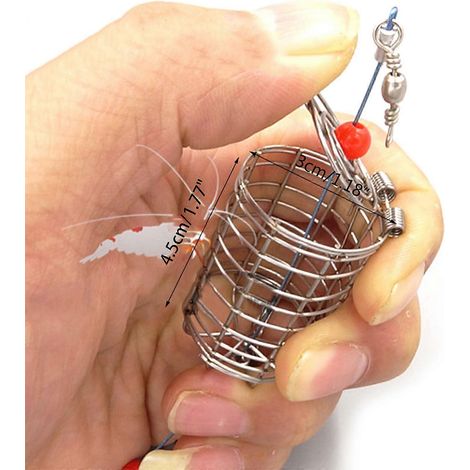 Petit distributeur de nourriture pour crevettes d'aquarium, en acier inoxydable avec épinards séchés, couleur argent.