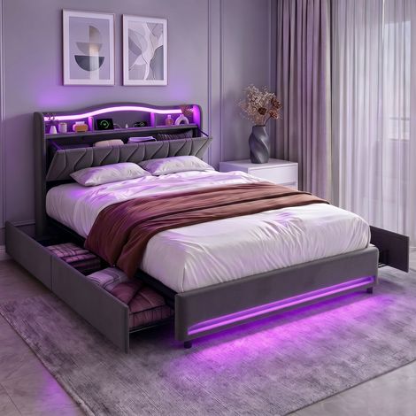 Letto matrimoniale 160x200 cm – Letto con cassetti – Illuminazione a LED RGB – Testiera con scomparti multipli – Tessuto in velluto grigio (1/5)