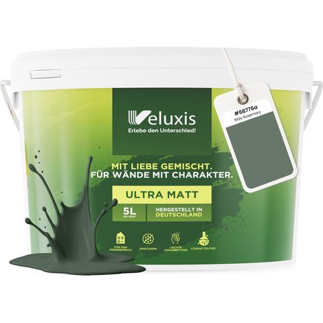 Peinture murale vert gris sauge mat pour intérieur – pouvoir couvrant classe 1, sans COV, sans apprêt, à faible écoulement – salon et chambre – 5 L – Veluxis (Ritzy Rosemary)