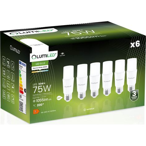 6 lampadine LED tubolari E27 T37 da 10W = 75W 1055lm 4000K Neutro 200° LUMILED