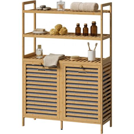 Armoire à linge double avec fonction basculante, meuble en bambou autoportant, 2 paniers amovibles, 3 compartiments de rangement, chêne