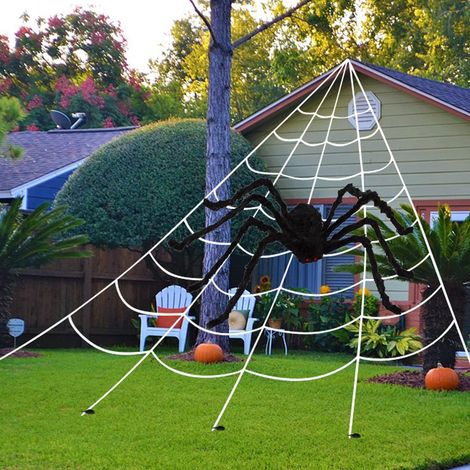 Toile d'araignée lumineuse Halloween extérieur, 250 LED 5m guirlande lumineuse avec araignée géante 2m, imperméable déco fête jardin maison costume (1/2)