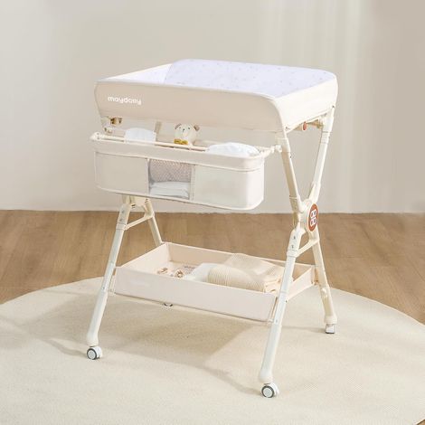 Table à langer pliable et réglable en hauteur, table à langer mobile avec roulettes, matelas imperméable facile à nettoyer, commode à langer compacte avec rangements – Beige (1/5)
