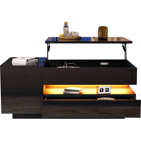 Couchtisch mit LED Beleuchtung anhebbar, 1 Schublade, 1 Schrank, versteckter Stauraum, Hochglanz, Schwarz (1/5)