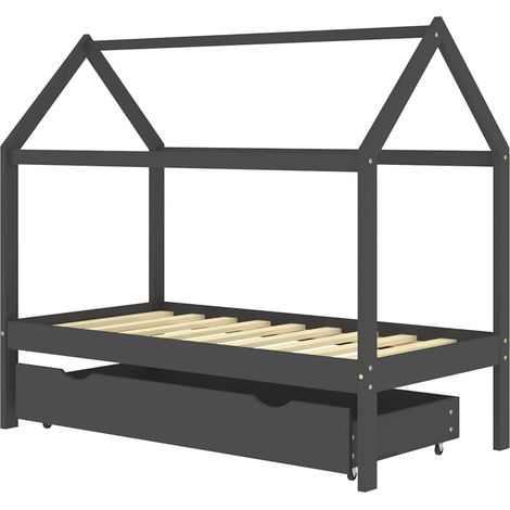 Lit enfant pour 1 personnes, Structure de lit, Assemblage Facile, avec un tiroir Gris foncé Pin 80x160 cm OIB6911E