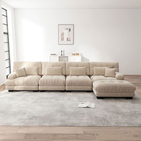 Canapé modulable 406x145x81cm, 4 places en L avec ottoman amovible. Tissu chenille doux café clair, design nuage ultra-confort.