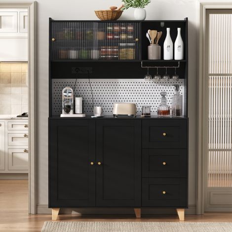 Mobile alto con prese e pannello forato, mobile bar con portabicchieri e vano contenitore, credenza da cucina con cassetti, ideale per cucina e sala da pranzo (nero)