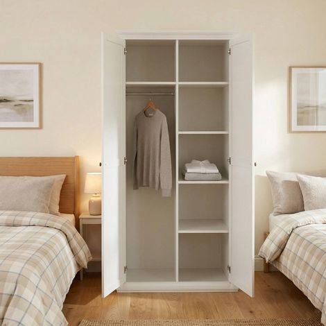Armoire 2 Portes Albiolo, Dressing Chambre 5 Étagères, Porte-manteaux, 60,5x200,56h cm Blanc (1/5)