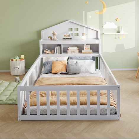 Lit 90x200 enfant maison avec rangements blanc HAVRYA (1/5)