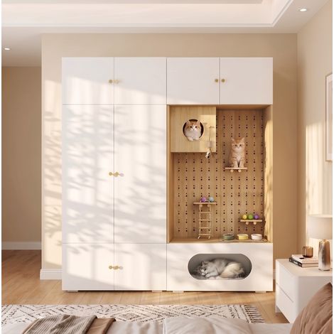 Armoire-penderie 2-en-1 avec espace pour chat, 1 tringle, 6 compartiments et mur d'escalade avec niche, meuble en panneau de particules blanc et bois clair pour chambre – CHICFURN (1/5)
