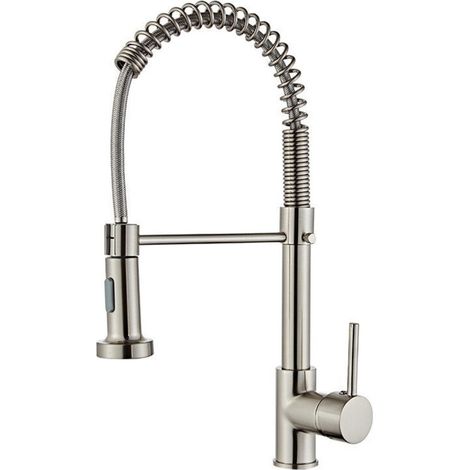 Robinet Cuisine, Mitigeur Cuisine Avec Douchette Pivotant à 360° d'Évier à Arc Élevé Pulvérisateur Escamotable 2 Modes, Acier Inoxydable (1/4)