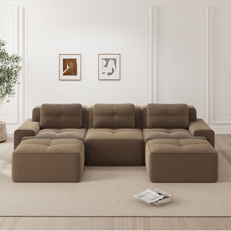 Modulares U-Sofa mit Ottoman 74 cm Sitztiefe braun Cord mit montagefreiem Design (1/5)