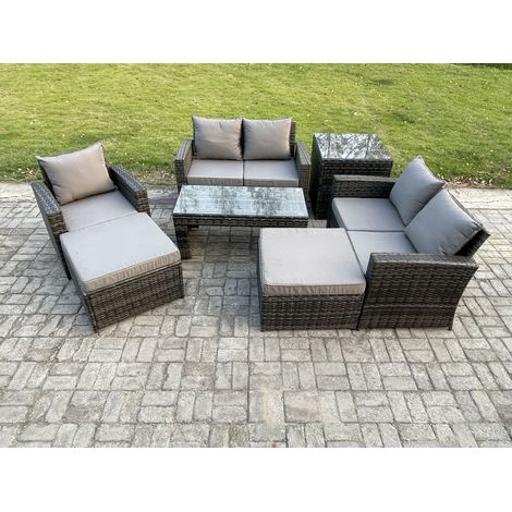 Fimous 7 Seater Outdoor Rattan Patio Furniture Set Garden Lounge Sofa Set with Side Table 2 Big Footstool Coffee Table Dark Grey Mixed (1/5)
