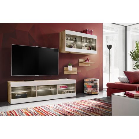 Komodee, Ensemble de Meubles Tivoli SET3,Wotan/Blanc, Largeur 240cm x Hauteur 159 cm x Profondeur 35 cm, sans LED, pour Salon, Chambre à coucher (1/5)