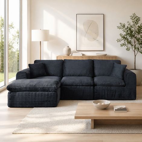 Canapé modulable 280x180x65 cm en velours côtelé noir-bleu 3-en-1 pour studio – MEUBLIV (1/5)