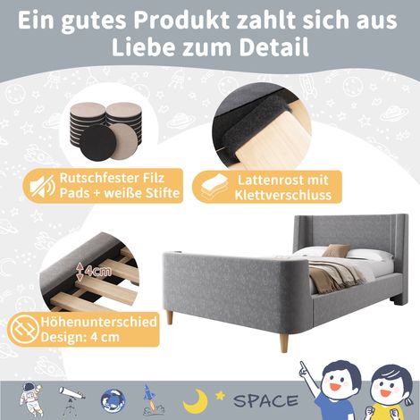 Lit enfant capitonné, lit simple, lit traîneau à motif cosmique, 90 x 200 cm, pour garçons et filles, gris, velours (sans matelas) (1/5)