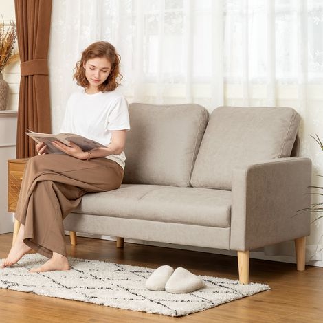 Sofá de 2 Plazas Tapizado en Microfibra con Patas de Madera Reposabrazos 130x78x85 cm Crema (1/5)