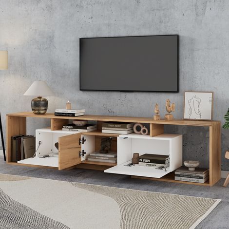 Meuble TV blanc et bois massif, 2 portes rabattables + 1 porte battante, 3 niches ouvertes, supporte écrans jusqu'à 85 pouces, pour séjour et salle à manger, dimensions 180x30x49 cm. (1/5)