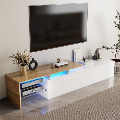 Meuble TV design moderne élégant grand rangement blanc brillant imitation bois étagères verre éclairage LED salon (1/4)