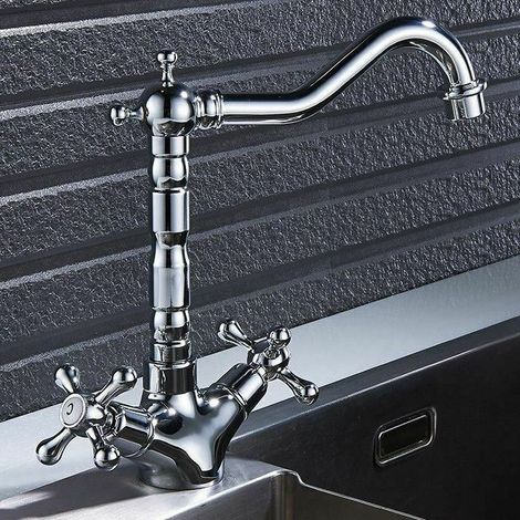 French Classic Traditional Mono Kitchen Sink Basin Mixer Tap Chrome Swivel Spout (1/4)