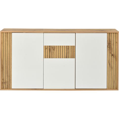 Buffet Meuble de Rangement Salon 3 Portes sans Poignée Blanc Brillant et Bois 140 x 35 x 71 cm (1/5)