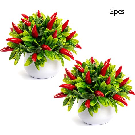 (Lot de 2) 2 plantes artificielles en pot en forme de cœur, petits fruits, bonsaï, ornement de fleur artificielle, accessoire de photographie, décoration de bureau (petit piment) (1/3)