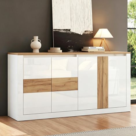 Buffet de rangement 140x35x70 cm à 4 portes avec LED RGB, étagères réglables, MDF blanc brillant et chêne naturel (1/5)