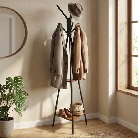 Portemanteau en forme d’arbre, portant à vêtements, vestiaire autoportant, avec 2 étagères, marron rustique et noir (1/5)