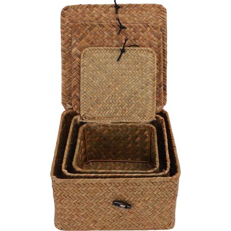 Lot de 3 paniers de rangement tissés à la main avec couvercle pour maison papeterie friandises bijoux 14x14x9cm 17x17x10cm 20x20x12cm (1/5)