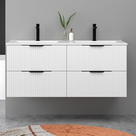 Meuble de salle de bain suspendu Strié 120cm avec poignées + double vasque + 4 tiroirs, Blanc