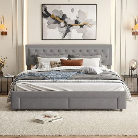 Letto contenitore matrimoniale 180x200 cm in velluto grigio con 2 cassetti - Testiera imbottita capitonné - Rete a doghe inclusa(180x200cm, Grigio)