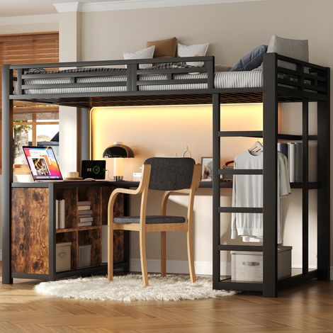 Lit mezzanine métal 140 x 200 cm noir avec bureau LED via app USB rangements penderie ouverte garde-corps chambre ado moderne (1/5)