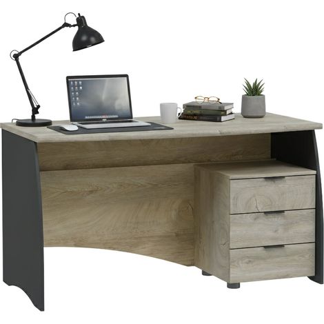 Dmora - Escritorio Davell, Escritorio de oficina, Mesa de estudio porta pc con 3 cajones, 136x67h74 cm, Roble y Antracita