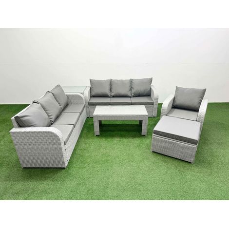Fimous 8 Seater Poly Rattan Outdoor Garden Furniture Oblong Coffee Table Sofa Set Patio 3 Seater Sofa Reclining Chair 3 Seater Sofa Big Footstool Side Table Light Grey (1/4)