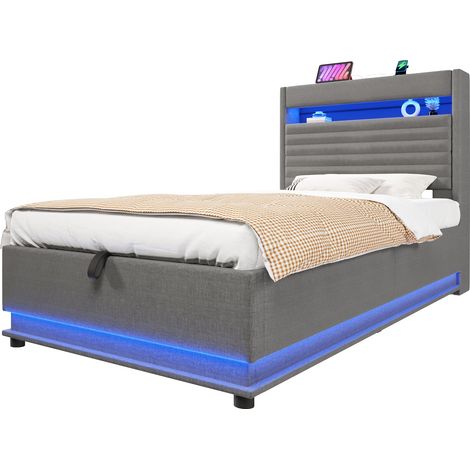 Lit rembourré 90x200 cm avec fonction de charge USB Type-C, éclairage LED, rangement hydraulique, coffre relevable, sans matelas, commande par bouton/application, lin, gris (1/5)