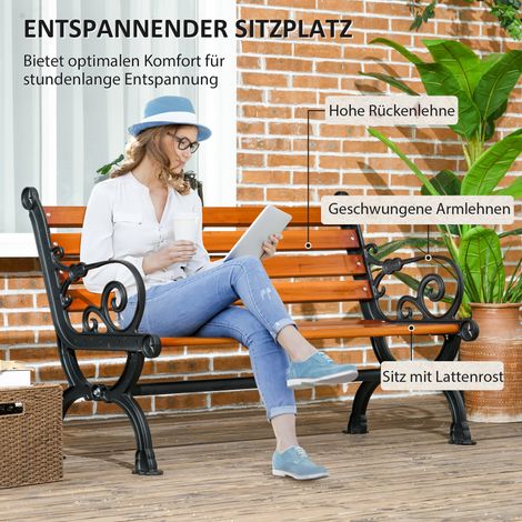 Banc 2 places à bras ornementaux, extérieur jardin et terrasse, aluminium coulé et bois massif, 120 x 64 x 79 cm, teck