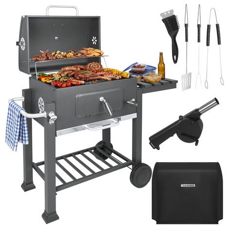 Garden Charcoal Grill with Cover, Cast Iron Grate, Thermometer