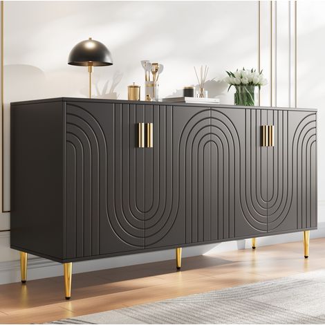 Credenza nera da cucina con 4 ante dal design ondulato, gambe e maniglie dorate, per soggiorno, camera da letto e cucina (1/5)
