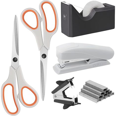 Office set, stationery set, consisting of 2 scissors, 1 stapler, 1000 staples, 1 staple puller, 1 cutter and transparent tape, office companion (1/5)