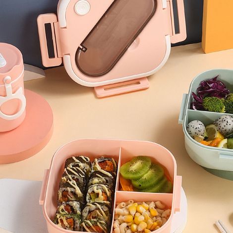 Lunchbox aus Kunststoff, japanischer Stil, neue quadratische Form, mikrowellengeeignet, Snackbox für Schüler, Lunchbox, rosa. (1/5)