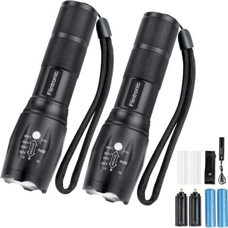 Lampe Torche LED Ultra Puissante, 2PCS Lampe de Poche 3500Lumens avec 2 Piles 18650, Chargeur USB et Holster,5 Modes, Étanche,Anti-Choc Zoom Longue Portée pour Bricolage,Camping,et Urgences (1/5)