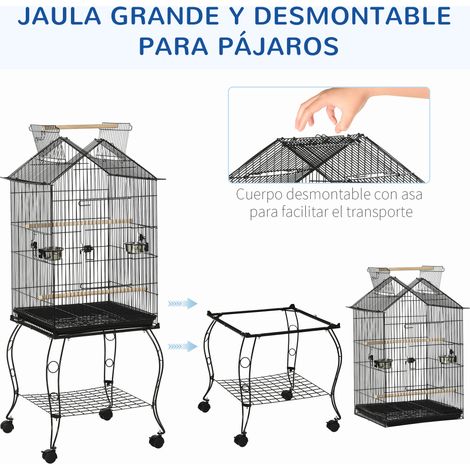Cage à oiseaux avec support. roulettes. plateau amovible et mangeoires pour canaris et perruches. 50 x 58 x 137-145 cm. noire (1/5)