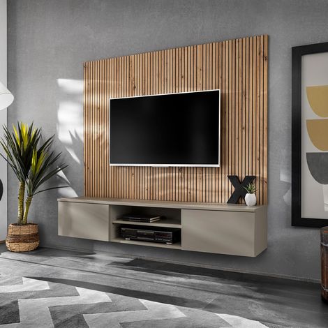 Ensemble Meuble TV Rayure "Xari" 160cm Naturel & Gris Argile