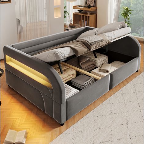 Sofá cama para adultos de 140x200 cm con almacenamiento hidráulico e iluminación LED, estructura acolchada para dormitorio, tapizado en tela de franela gris (1/5)