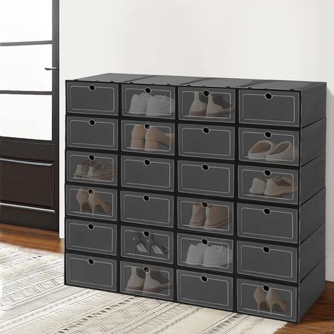 24-Stück-Schuhkosten, transparente, stapelbare Schuhkosten, stapelbare Plastikschuhkosten für Schuhe, einschließlich Sportschuhe, Hochabsätze, Leinwandsschuhe usw. (schwarz)