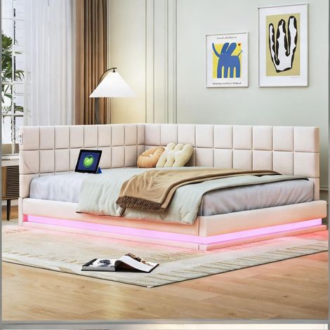 Cadre de lit beige en lin 206 x 147 x 63 cm (1/5)