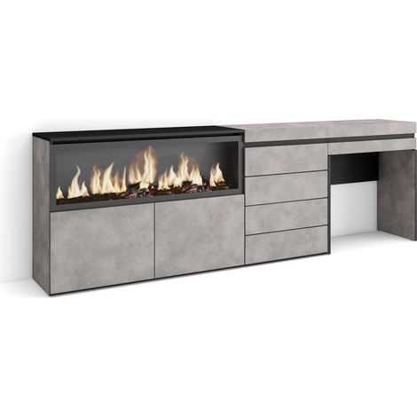 Skraut Home - Tocador, Dormitorio habitación, 234x75x35 cm, Con cajón, Chimenea eléctrica XXL, Cómoda, Cajonera, Estilo Moderno, Gris Cemento (1/5)