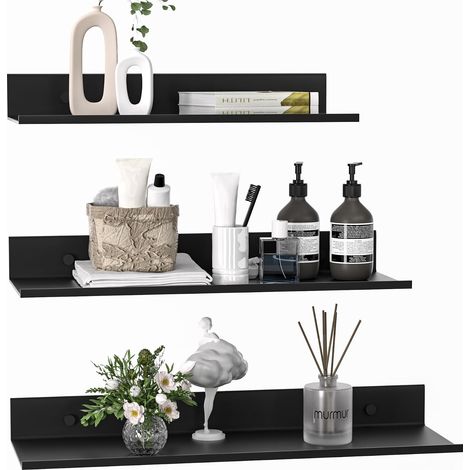 Etagere Murale sans Percage Lot de 3, Moderne Tablette Flottante Etagère Salle de Bain, Noire Métal Aluminium, 30/35/40 cm, Charge Max 5 kg, Anti-rouille (1/5)