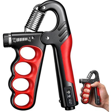 Pince de Préhension Réglable avec Compteur Mécanique, Renforceur de Main 5–100 kg pour Doigts, Poignets et Avant-Bras, Pince de Musculation Portable, Rouge/Noir (1/5)